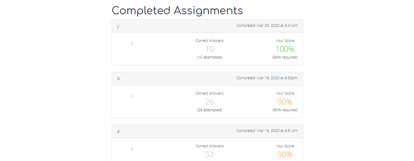 list of completed assignments